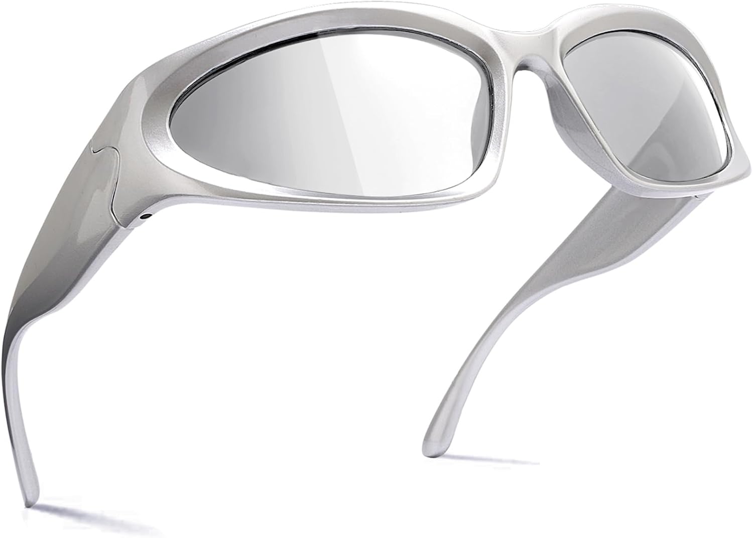 

knliwkm Y2K Солнцезащитные очки с обтекаемой формой, модные, в стиле рейв, металлические, хромированные, футуристические, спортивные, для женщин и мужчин, Silver Frame/ Silver Lenses