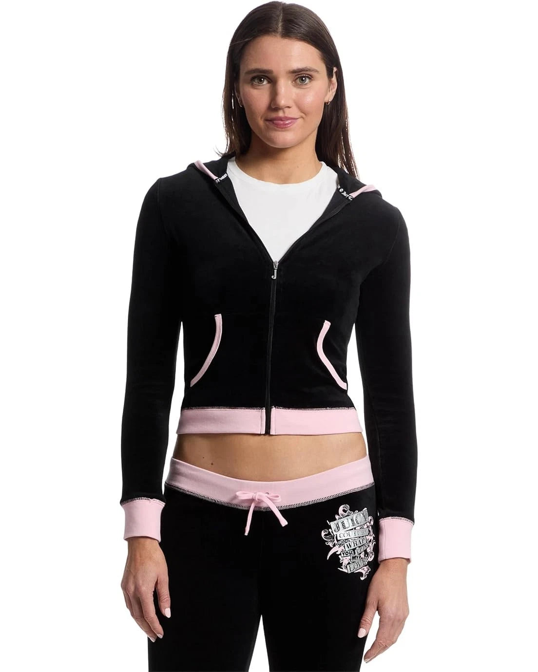 

Женская толстовка Juicy Couture Vday Heritage Hoodie, черная, с контрастной ребристой отделкой, укороченная, GBO1264