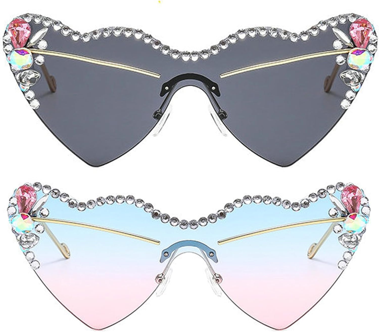 

Солнцезащитные очки Willochra в винтажном стиле в форме сердца со стразами конфетных цветов, женские, блестящие, бриллиантовые, для вечеринок, хрустальные, 2pcs-black&blue Pink