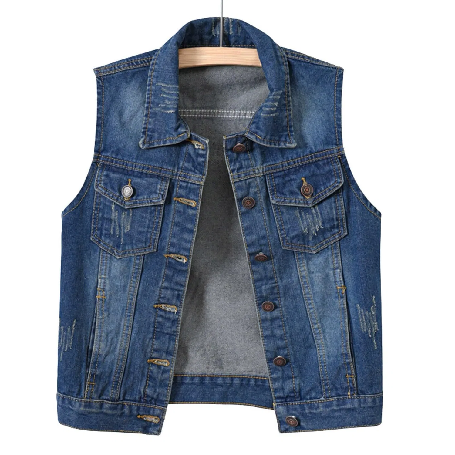 Женский джинсовый жилет без рукавов Washed Denim Button Down Jacket Sleeveless Short Vest Spring, Blue — фото 2
