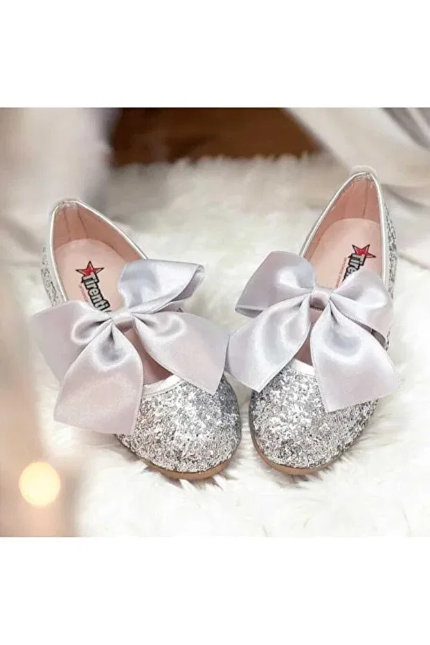 Детские балетки для девочек с бантом Patik Bebe, Silver — фото 2