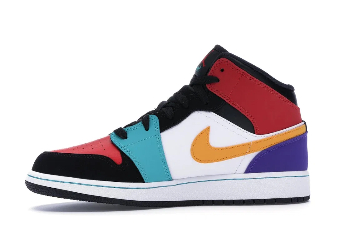 Детские кроссовки с разноцветным дизайном Jordan 1 Mid Jordan, White/University Red-Black-Turbo Green — фото 3