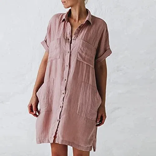 Женское платье-рубашка с коротким рукавом, свободное, Pink — фото 2