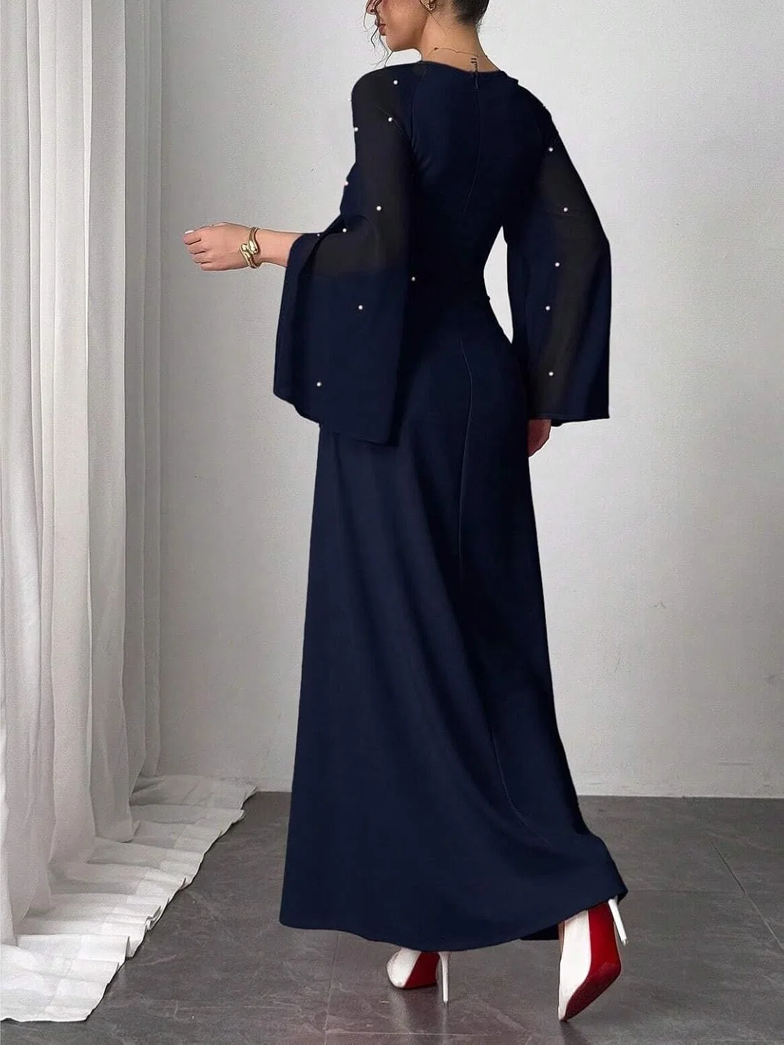 Женское A-силуэта макси платье с длинным рукавом, Navy Blue — фото 3