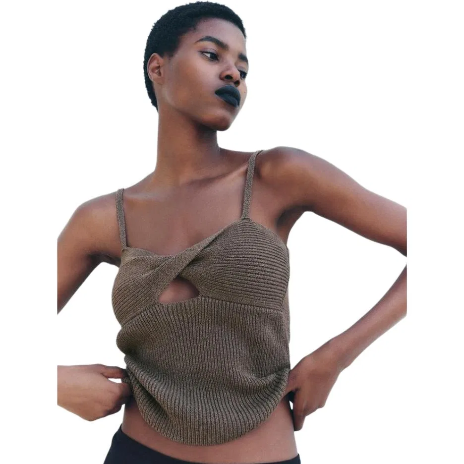 Женская майка на бретелях с V-образным вырезом Dark Khaki ZARA — фото 4