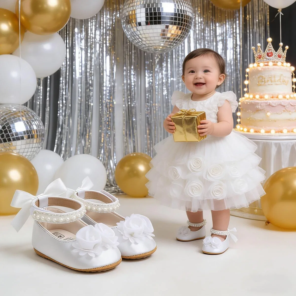 Детские туфли Мэри Джейн для девочек HsdsBebe, Satin White Flower — фото 2