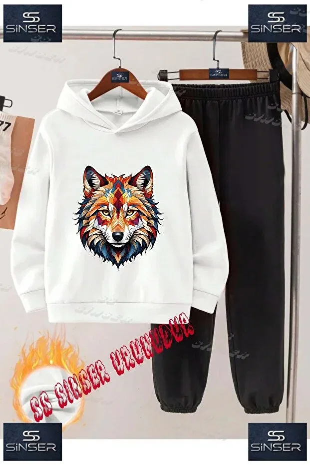 Детский комплект спортивного костюма с принтом Wolf Head Colorful Geo Ss Sinser, White - Black