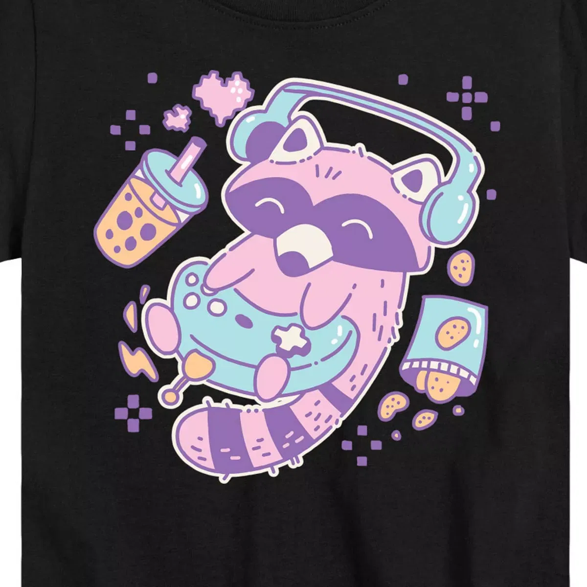 Детская футболка с принтом Kawaii Raccoon Gamer Instant Message, Black — фото 2