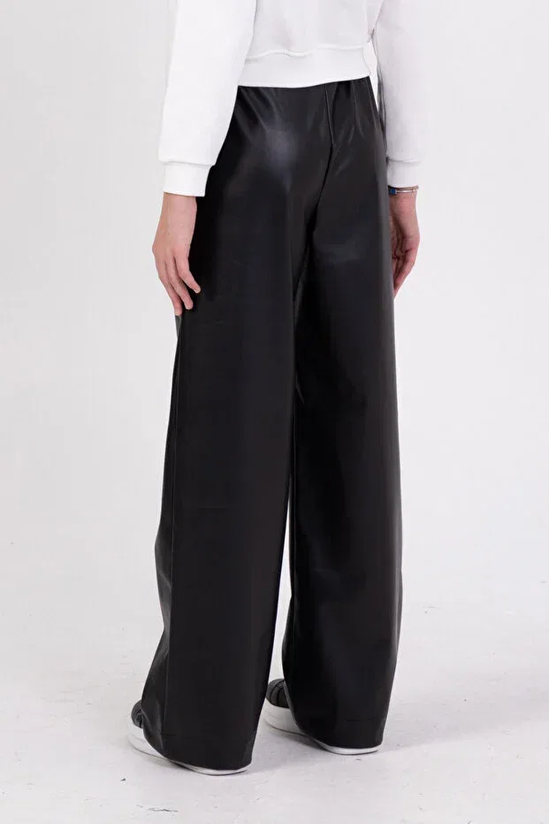 Детские брюки для девочек широкие с завышенной талией на шнурке Laced elastic waist wide leg high waist leather palazzo Dmb Boys & Girls, Black — фото 3