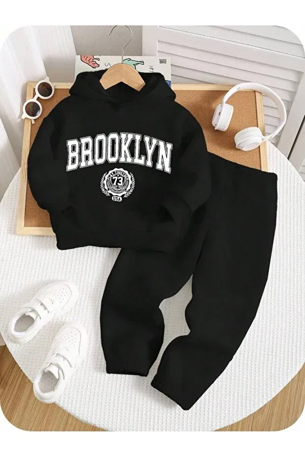 Детский комплект свитшот-брюки для девочек с принтом Brooklyn Svart Wear, Black