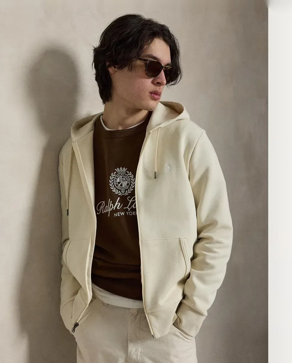 Мужская худи с капюшоном на молнии из двойного трикотажа Polo Ralph Lauren, Cream — фото 4