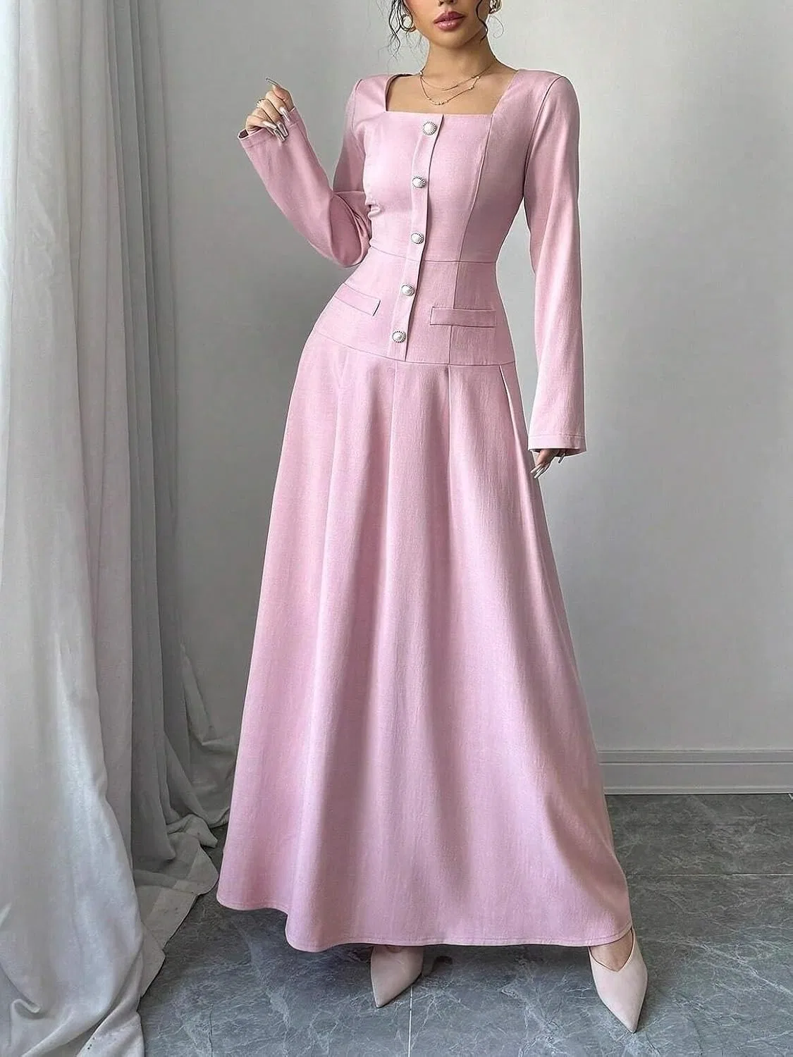 Женское платье A-силуэта с квадратным вырезом, Pink — фото 3