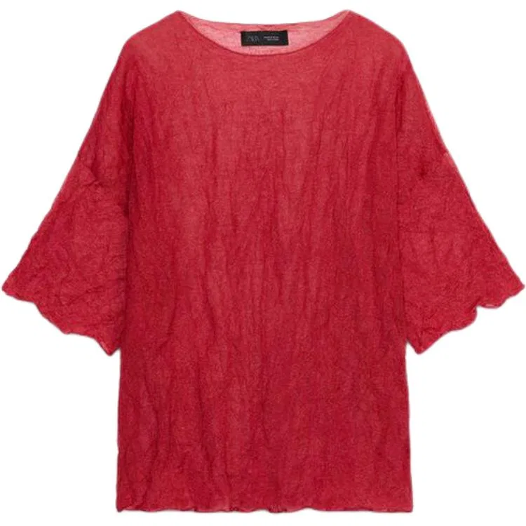 Женский трикотажный топ с длинным рукавом, красный, ZARA, Red