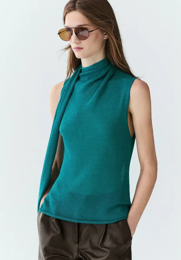 Топ с шарфом из бумаги, хлопка и вискозы High neck top with scarf detail Massimo Dutti, turquoise, бирюзовый