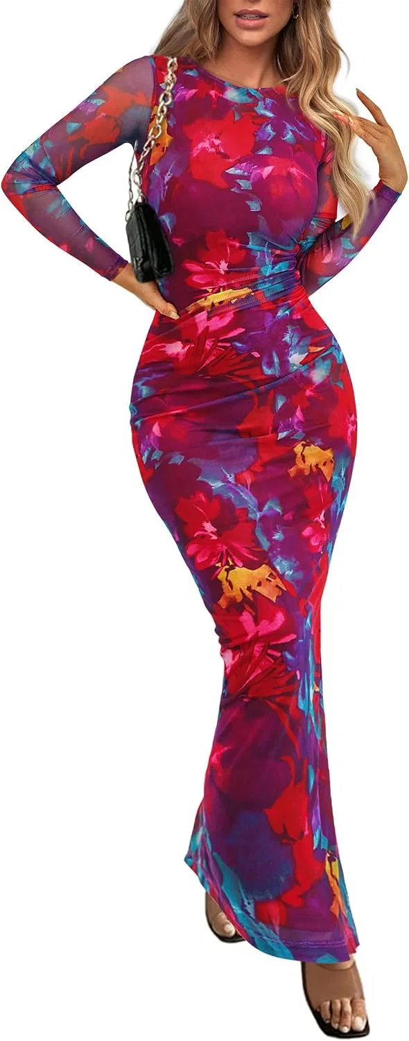 Женское облегающее платье макси с цветочным принтом Navy Red Big Floral