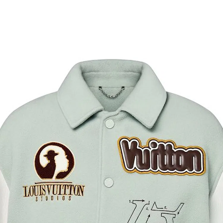 Мужская бейсбольная куртка из кожи с принтом Lv Varsity Leather Blouson LOUIS VUITTON, Green — фото 4