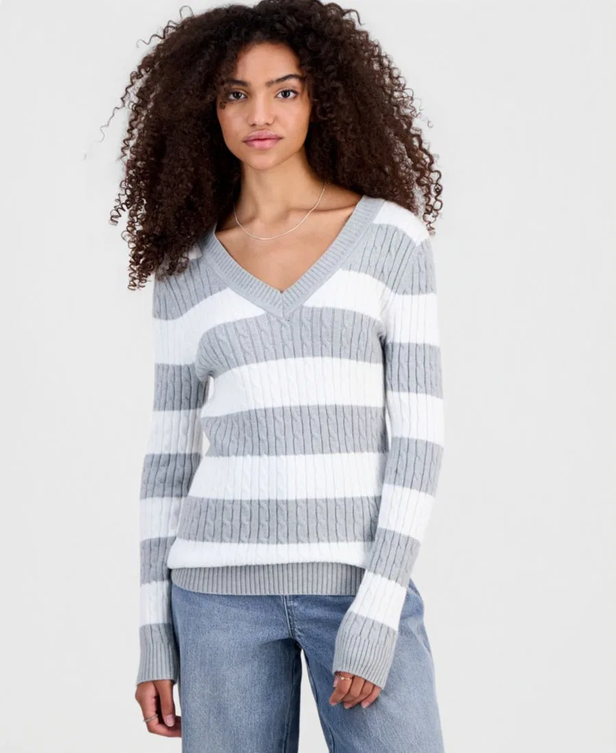 Свитер с V-образным вырезом и косами Madden Girl, Heather Grey Stripe