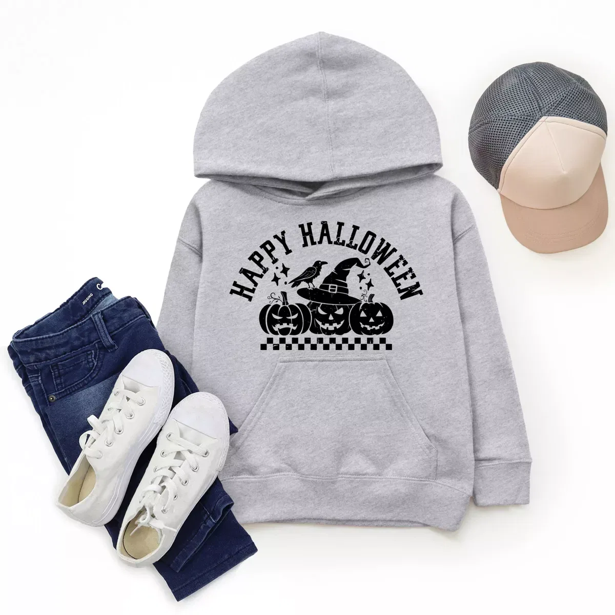 Детская худи с принтом Happy Halloween Arch Distressed The Juniper Shop, Heather Grey — фото 3