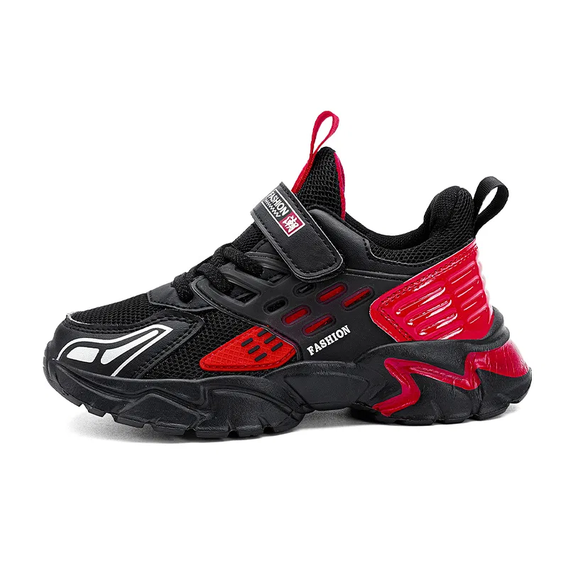 Детские повседневные кроссовки из сетки и экокожи Kids, VENICEW, Black Red