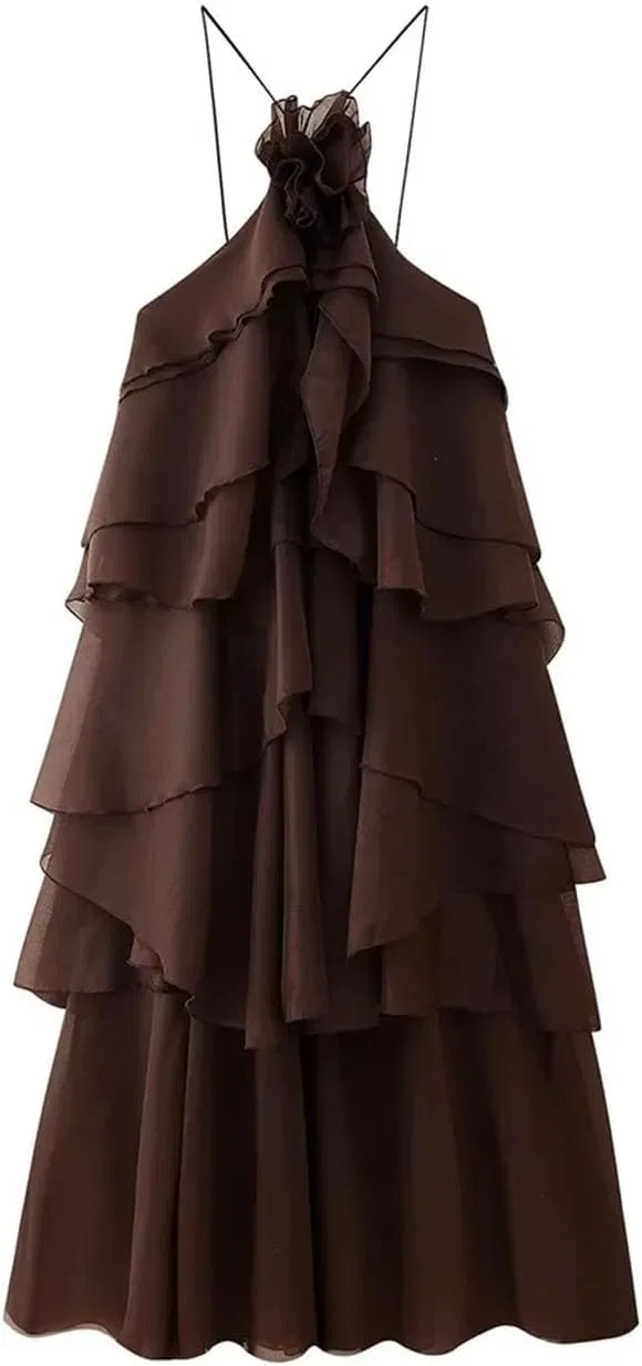 Женское бальное платье свободного кроя с рюшами, Dark Brown