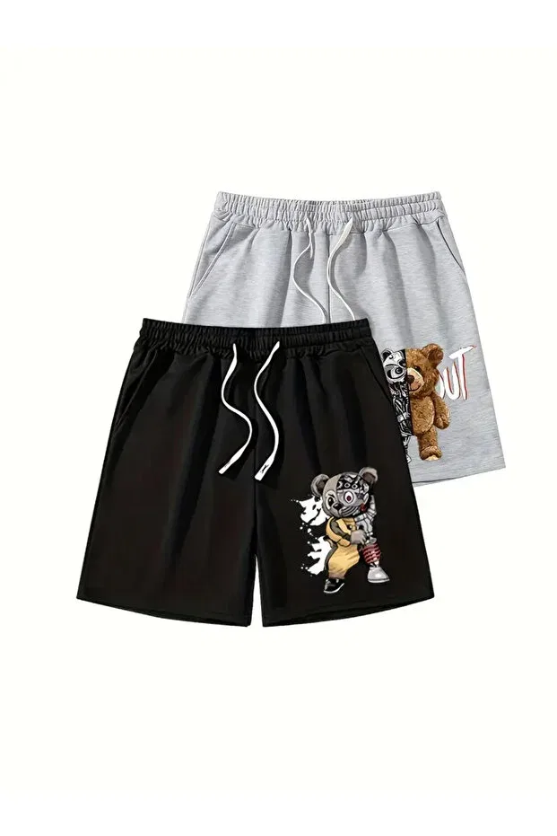 Детский комплект шорт для девочек с принтом Teddy Bear Printed Summer Short Shorts Set Nplstore, Gray-Beige-Black — фото 2