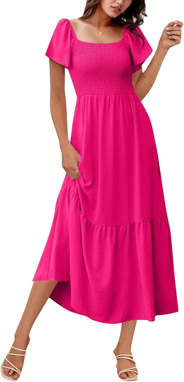 Женское платье макси с квадратным вырезом Flutter Sleeve, Hot Pink — фото 2