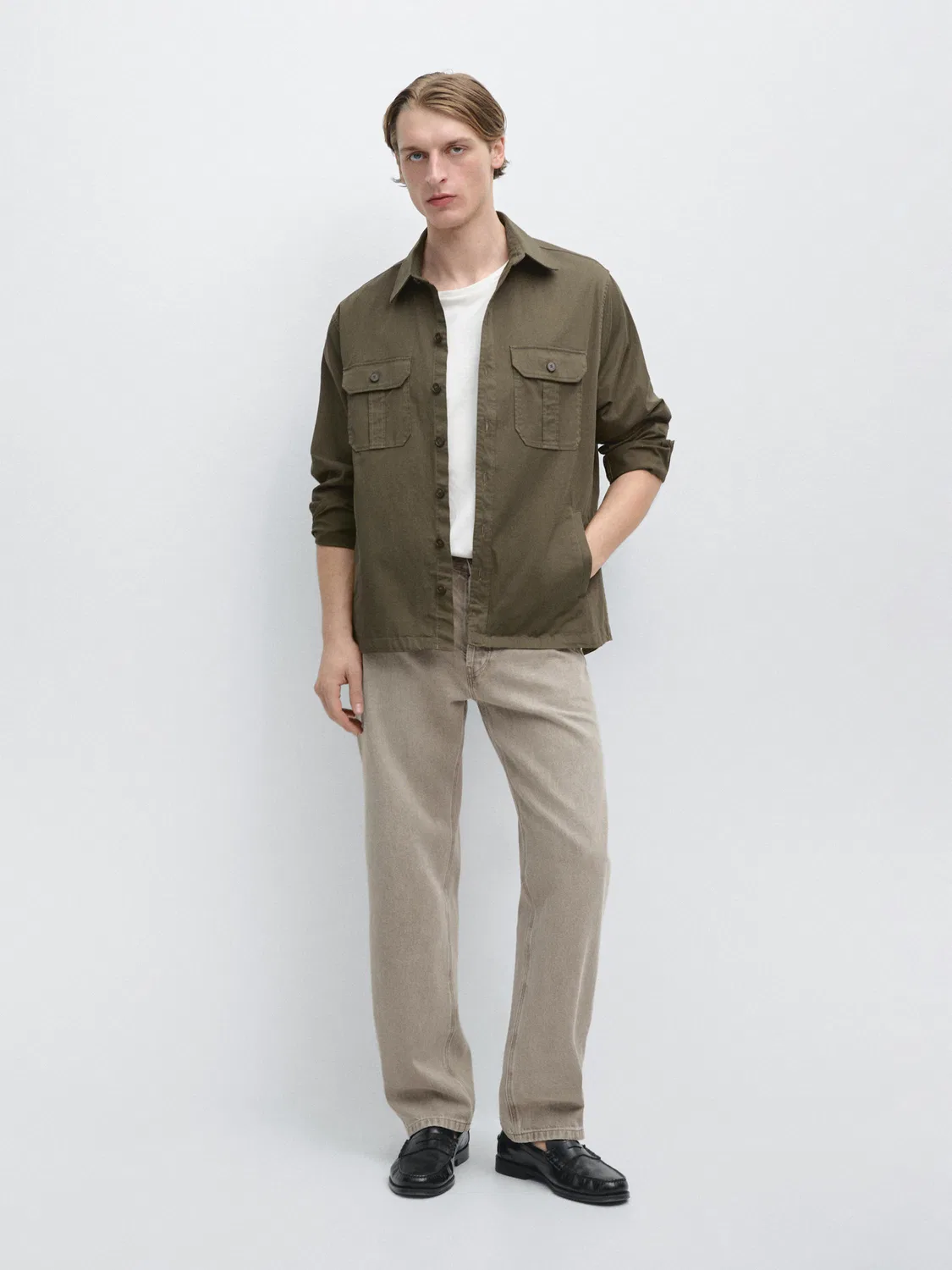 Рубашка-Куртка из смесовой хлопковой ткани с карманами Massimo Dutti, Medium Khaki