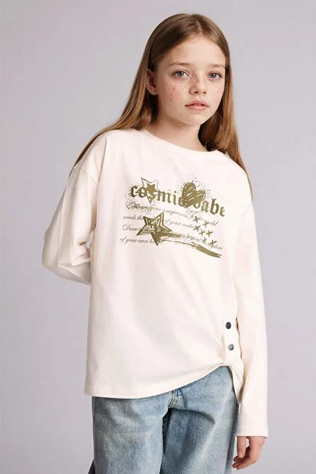 Детская футболка с принтом Oversized printed t-shirt for girls h2877a826sp Defacto, Ecru — фото 4