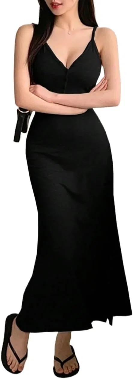 Женское длинное cami платье на тонких бретелях с вырезом на спине, Black