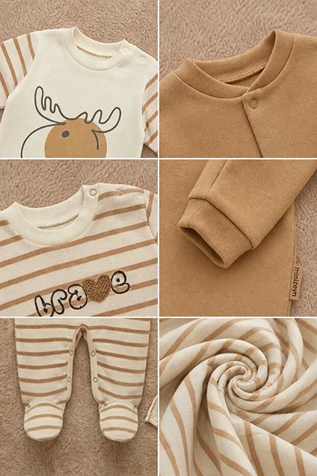 Детский комбинезон для мальчиков с принтом Deer patterned cotton 3-piece baby boy romper set Zumino, Beige — фото 2