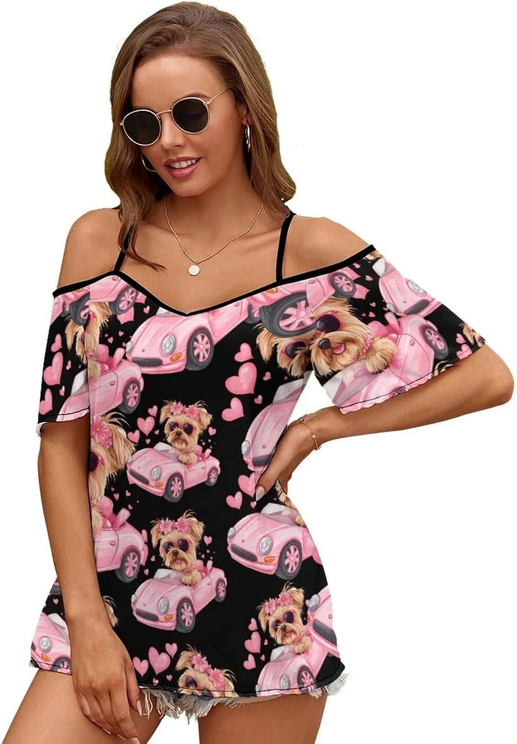 Женское летнее платье-футболка с открытыми плечами Yorkshire Terrier Sports Car, Style