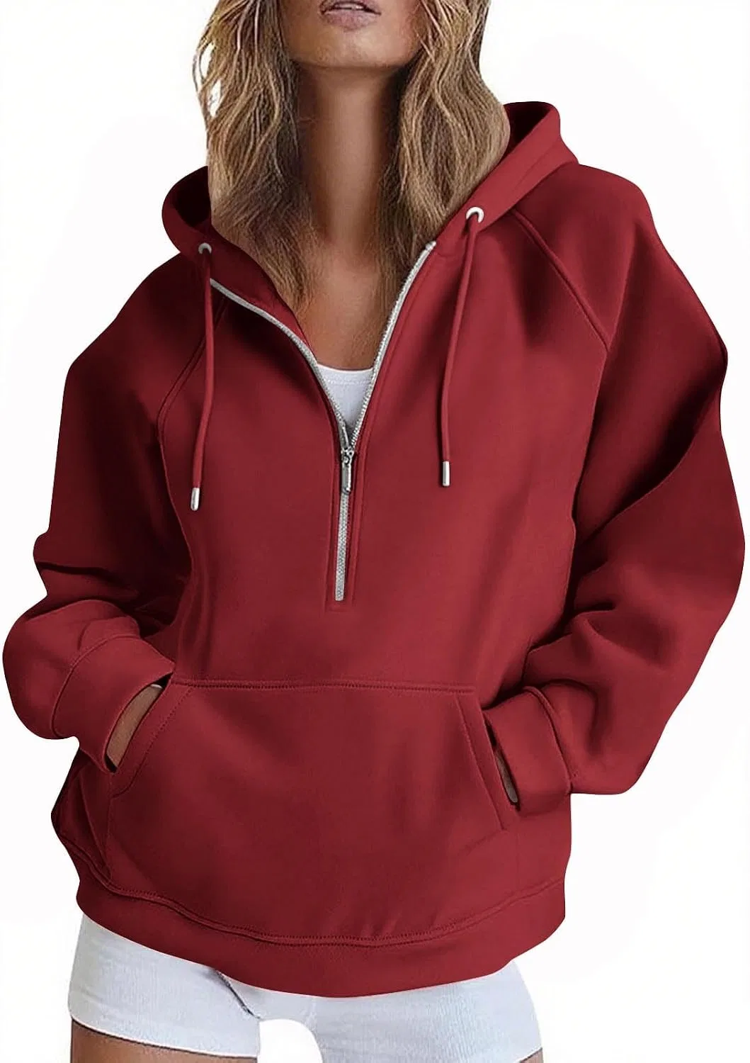Женское худи с полузамком, оверсайз, Half Zip Pullover, красный