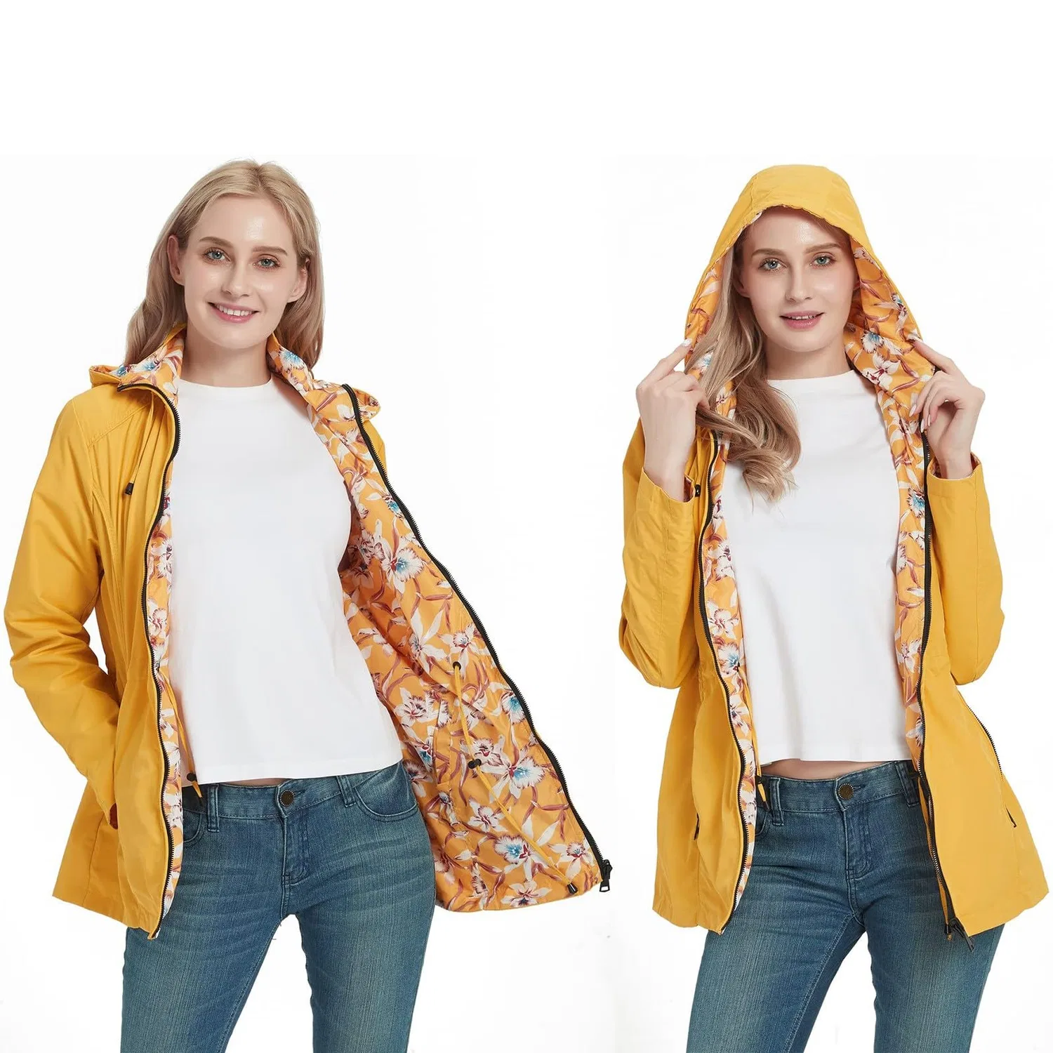 Женское непромокаемое пальто с капюшоном, цветочный принт, yellow — фото 2