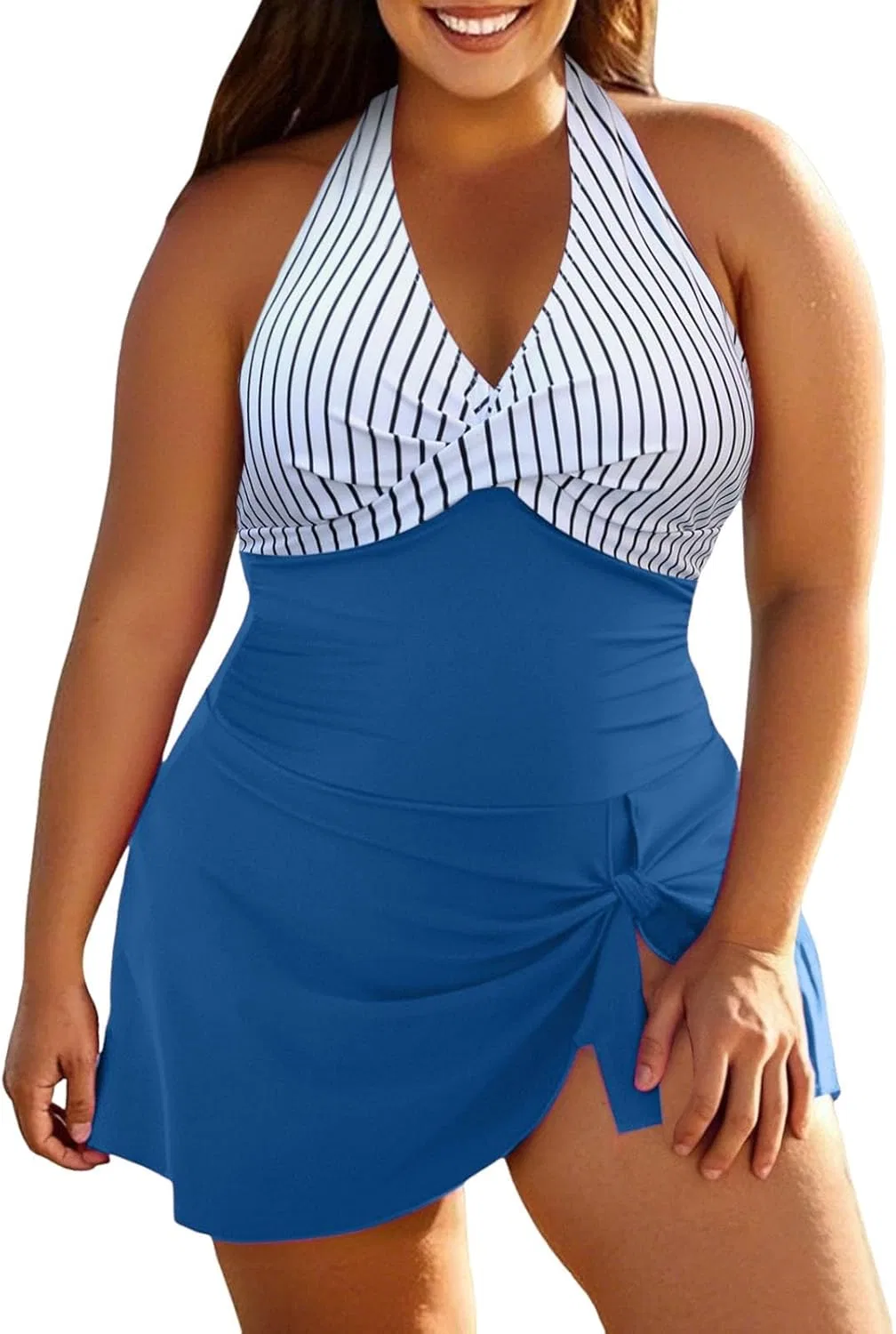 Женский купальник слитный с запахом и юбкой Plus Size, Blue