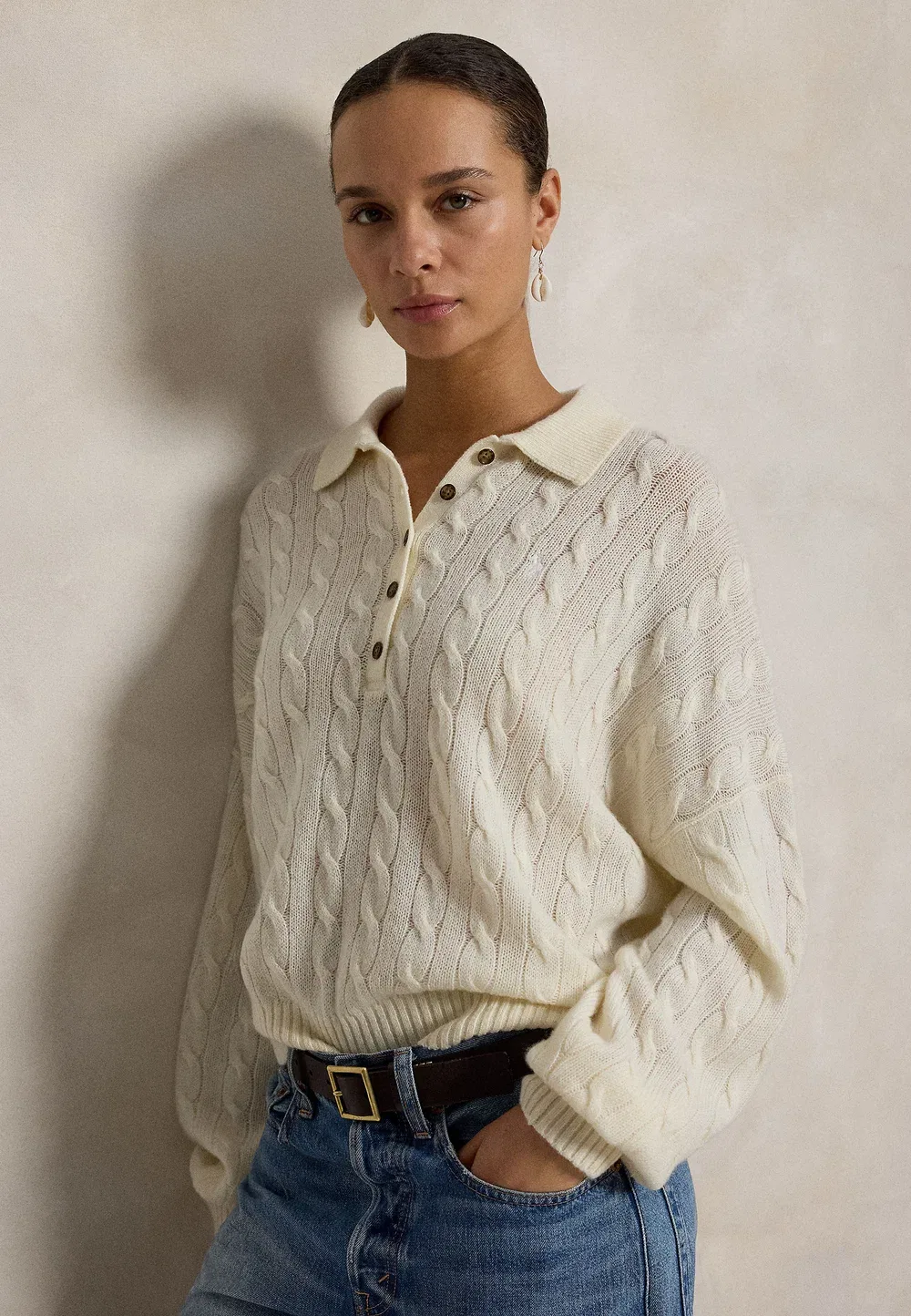 Свитер-Поло из шерсти и кашемира с косами Polo Ralph Lauren, Authentic Cream — фото 4