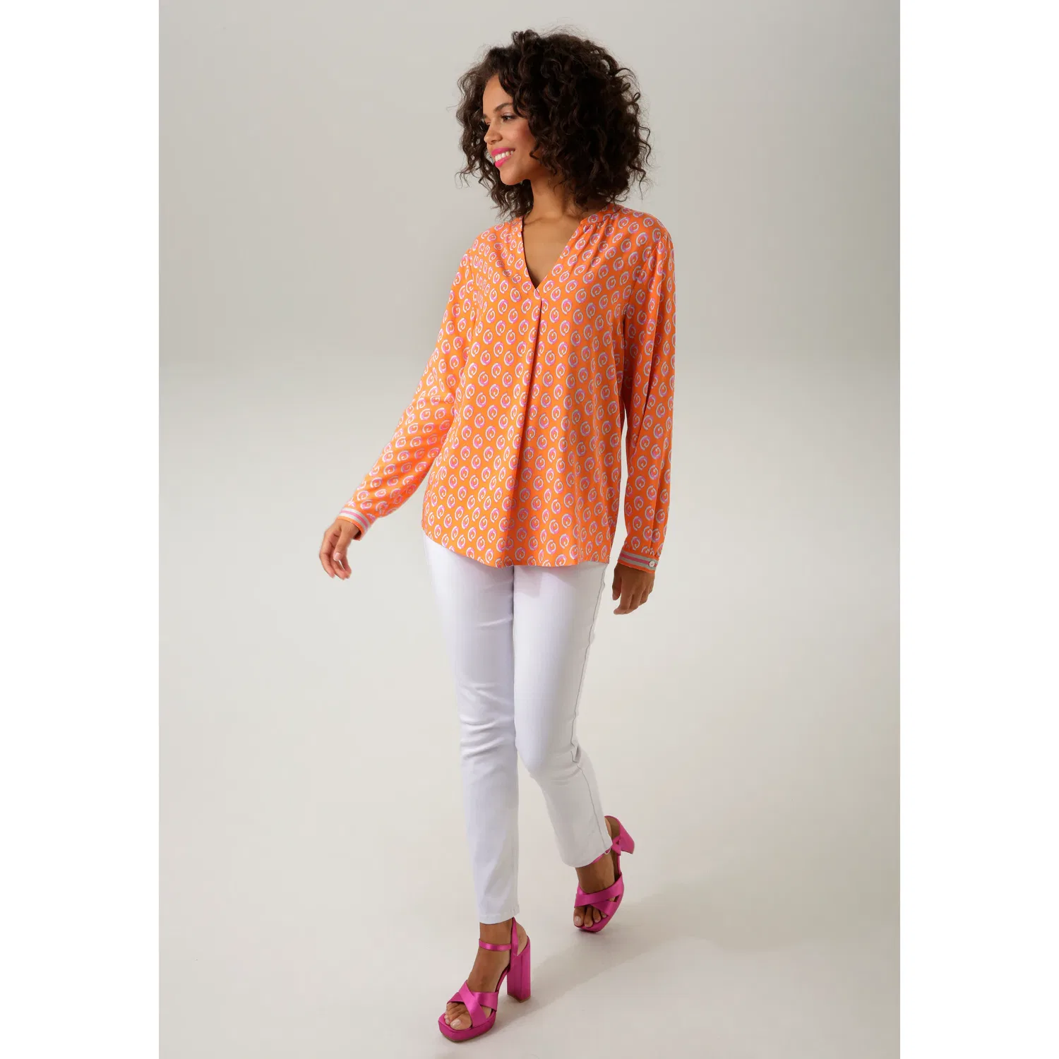 Женский блуза-слип с графическим принтом Aniston CASUAL, Orange-White-Pink — фото 4