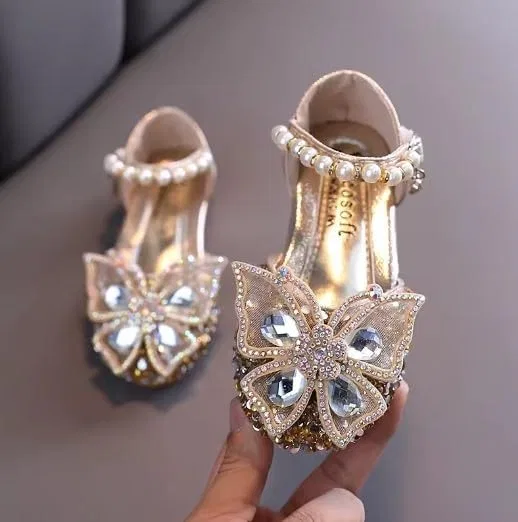 Детские туфли Мэри Джейн с принтом, Flower Girl Shoes, Sparkly Butterfly Accent, Athena, Gold — фото 2