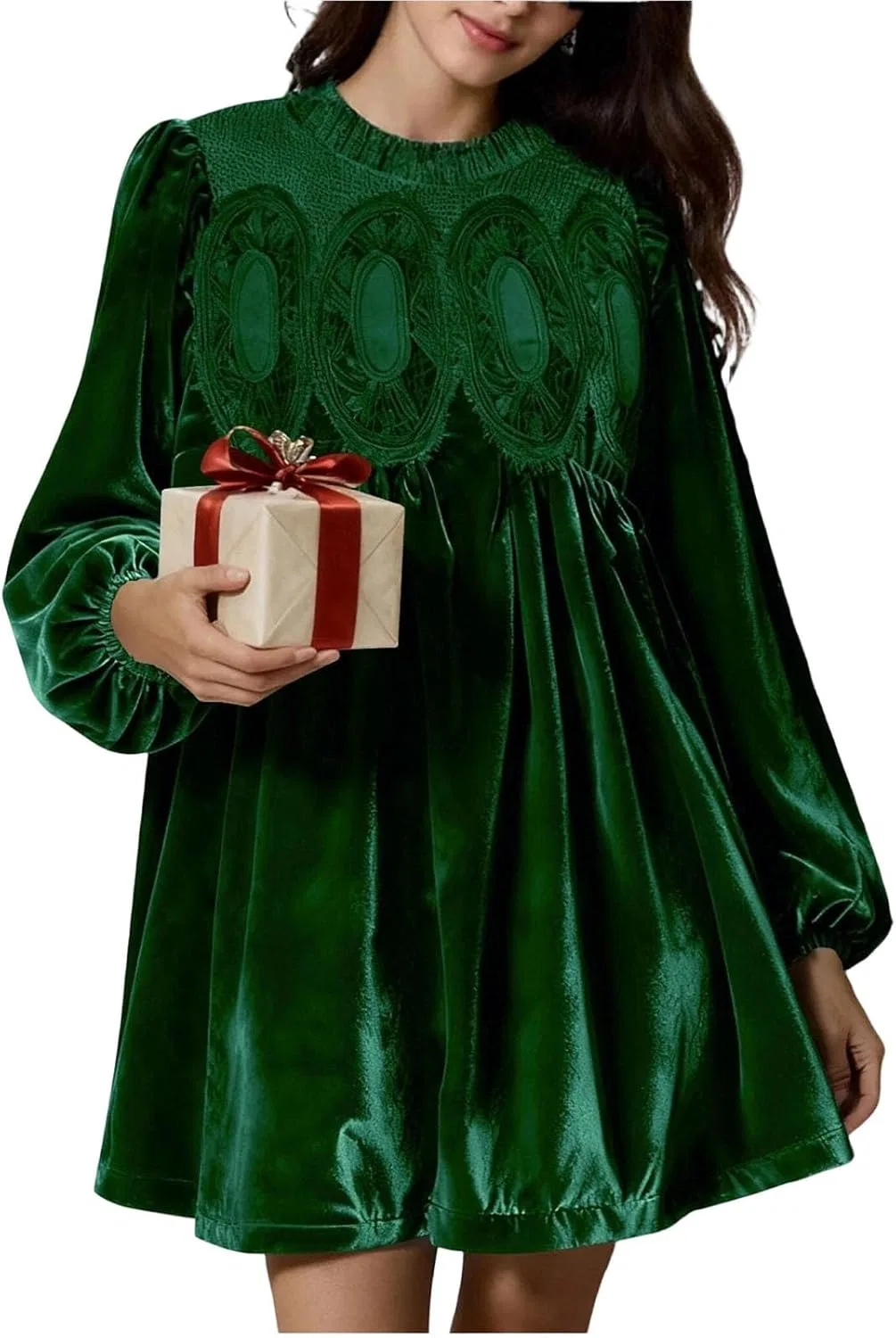Платье мини A-силуэта из велюра с кружевным воротником Elegant Velvet Dress, Green — фото 2