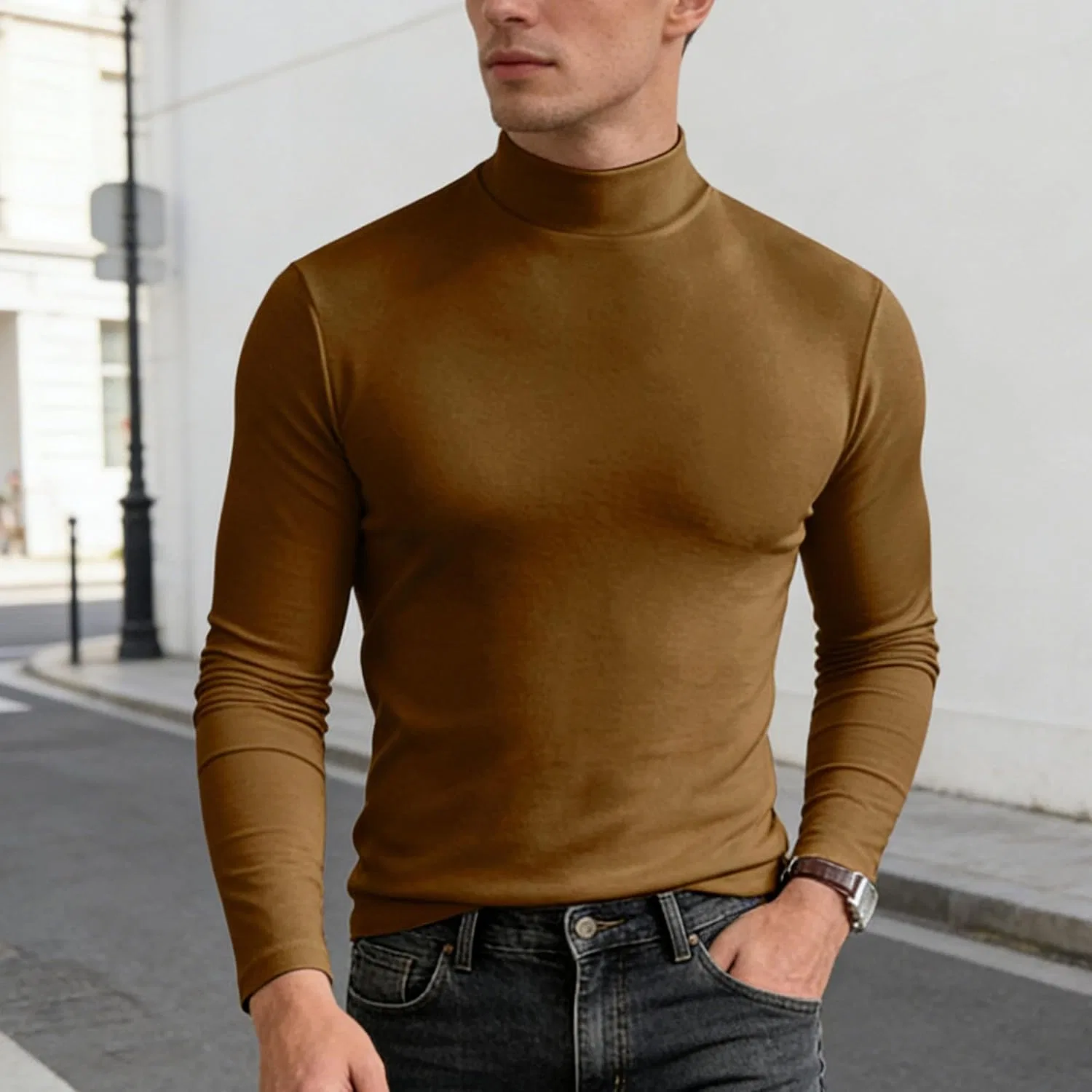 Мужская водолазка slim fit Mock Neck Top, Brown — фото 4