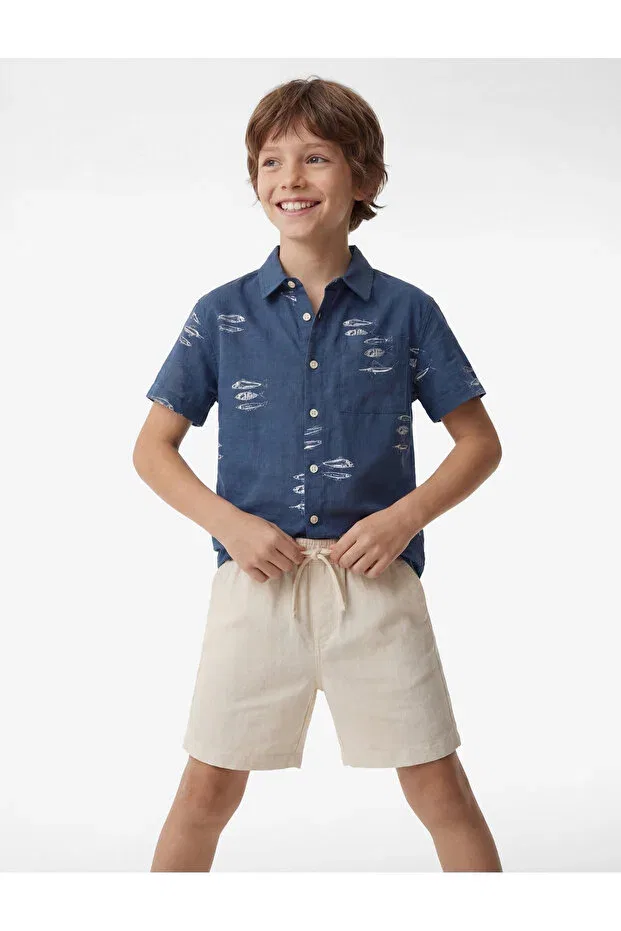 Детские шорты для мальчиков хлопковые Linen and cotton blend basic shorts with tie waist Koton, Beige — фото 2