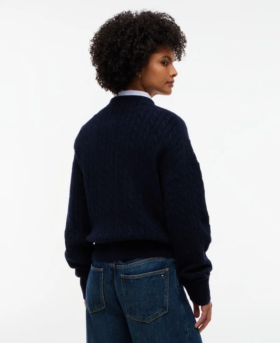 Женский свитер крупной вязки с круглым вырезом и вышитым гербом Tommy Hilfiger, Dark Blue — фото 4