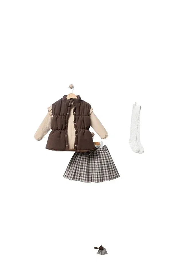 Детский комплект для девочек с принтом Plaid Skirted Pantyhose Vest Set Holiday Jikko Baby, Brown — фото 2