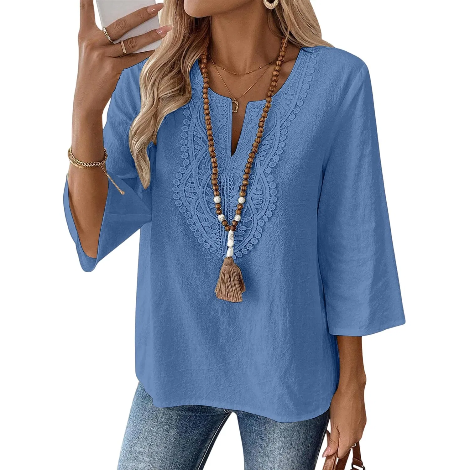 Женская льняная туника с вышивкой Retro 3/4 Sleeve Boho Casual Loose Fit Lightweight Summer Beach Blouse, D-sky Blue