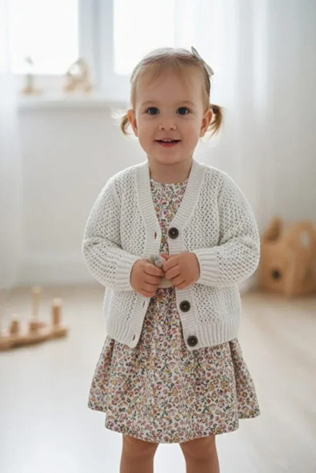 Детский кардиган для девочек с ажурным узором Meriç Bebe - Bütün Çocuklar Melektir. Mrc, Ecru (Cream) — фото 2