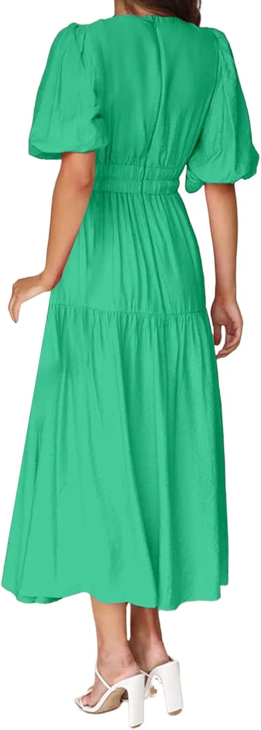 Женское летнее макси-платье с V-образным вырезом Flowy A-line, Green — фото 3