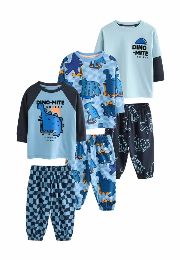 Комплект пижамный, 3 предмета, хлопок, Regular fit 3 pack set, Next, Orange, Navy, Dinosaur, темно-синий/оранжевый