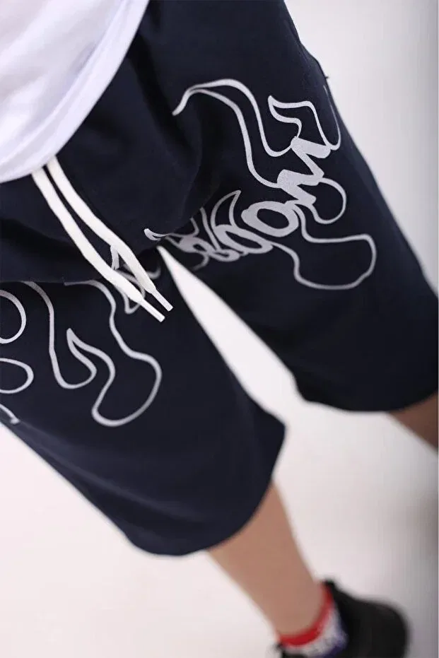 Детский комплект шорт и футболки для мальчиков с принтом Plain Basic T-Shirt And Boom Printed Capri Bottom-Top Set Çiggo Kids, White-Blue — фото 3