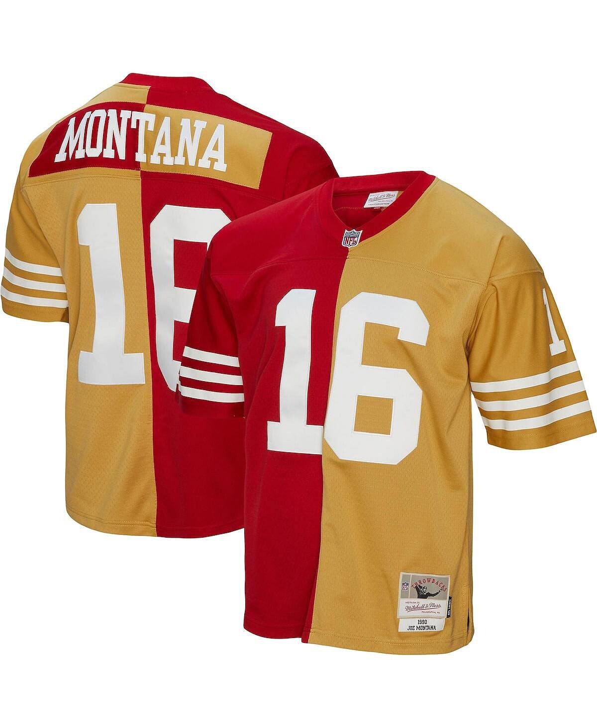 

Мужская футболка joe montana scarlet, gold san francisco 49ers 1990 split legacy, копия джерси Mitchell & Ness, мульти