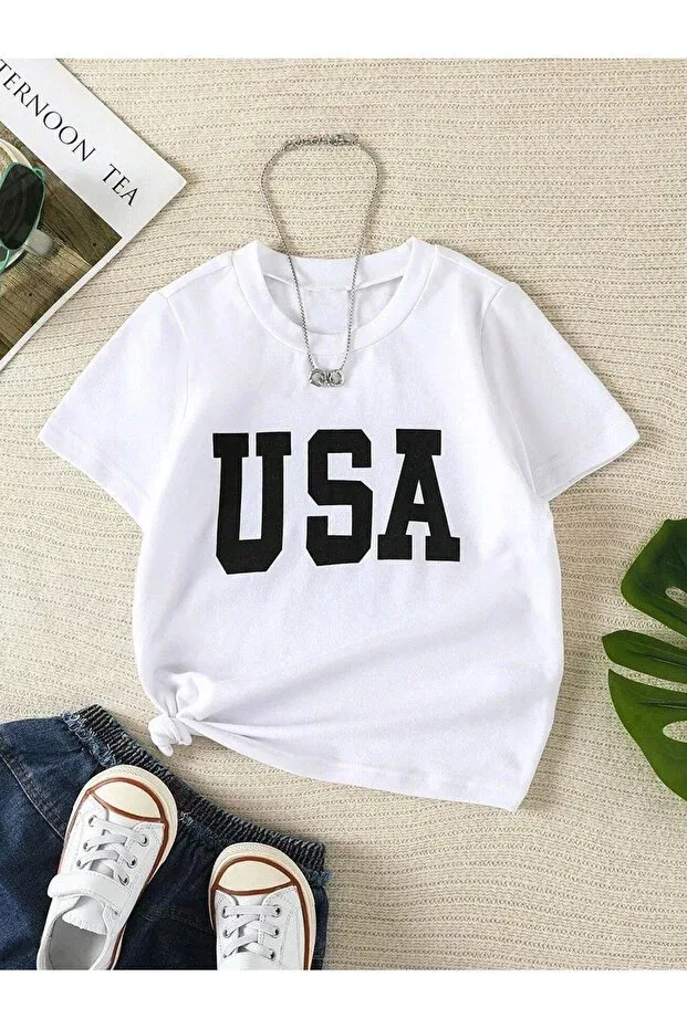 Детская футболка с принтом Usa Printed Cotton Girls/Boys T-Shirt 3-13 Years Generic Brands, White