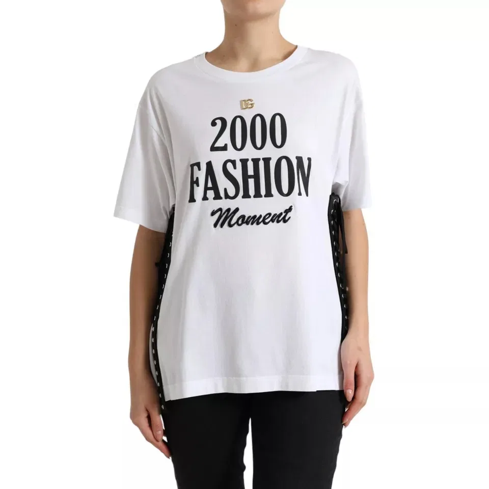 Женская футболка с принтом-слоганом и шнуровкой White Slogan Print Lacing Detailed T-shirt Dolce & Gabbana, White — фото 3